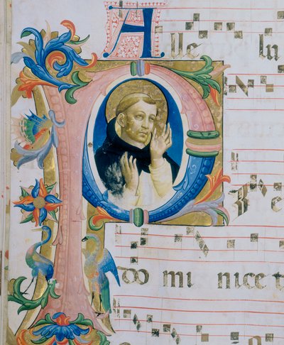 Dominikánský svatý. Ilustrovaná miniatura v misálu (cca 9, verso) od Fra  Angelico