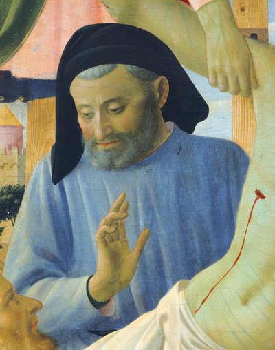 Architekt Michelozzo, detail z Depozice z kříže nebo oltářní obraz Nejsvětější Trojice, cca 1432, od Giovanni da Fiesole známého jako Fra Angelico (1400-cca 1455), tempera na dřevě od Fra (c.1387 1455) Angelico