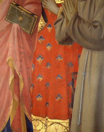 Detail des Annalena-Retabels. Tunika und Gewand von St. Johannes dem Evangelisten, St. Laurentius und St. Franziskus (Tempera auf Holz) von Fra  Angelico