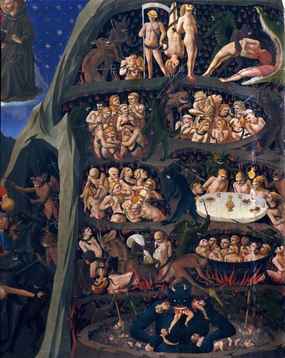 Poslední soud: peklo. Duše zatracených vystavené mučení v kruzích pekla. Jednoho z nich má čert dole. Obraz Guido di Pietro (nebo Fra Giovanni da Fiesole) dit Fra Angelico ou il Beato (1400-1455) od Fra  Angelico