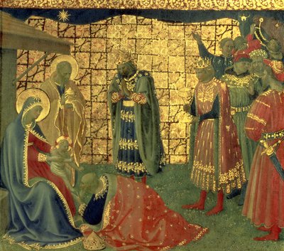 Klanění tří králů, detail z panelu predella, 1434 tempera na detail panelu z 98904 od Fra Angelico