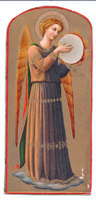 Barevný litografický tisk fra angelico anděl hrající na tamburínu, c. 1910 od Fra Angelico
