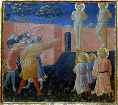 Ukřižování a kamenování svatého Kosma od Fra Angelico
