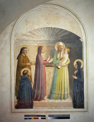 Představení Krista v chrámu. Svatý Petr, mučedník, a dominikánská jeptiška Villana sledují biblickou scénu. Freska od Guida di Pietra od Fra Angelico