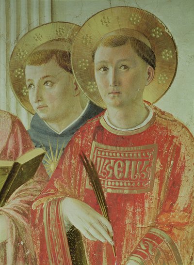 Madona ze stínu, detail sv. Tomáše Akvinského a sv. Vavřince, z chodby v prvním patře (freska) od Fra Angelico