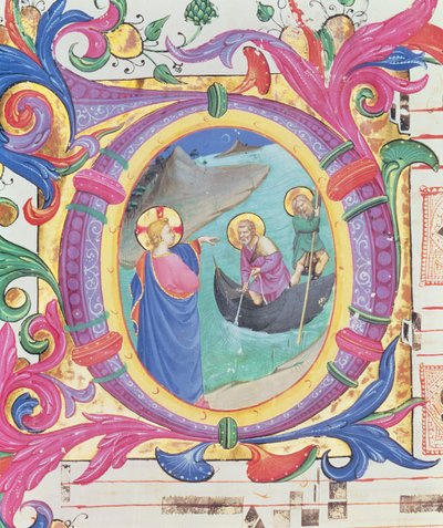 Misál 558 f.9r Historizovaná iniciála O s vyobrazením zázračného tahu ryb (detail 88928) od Fra Angelico