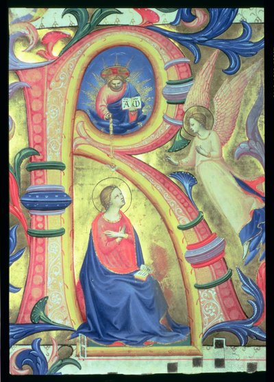 Ms 558 f.33v Zvěstování zobrazené historizovanou iniciálou R, detail z misálu, počátek 30. let 14. století, pergamenový detail 88932 od Fra Angelico
