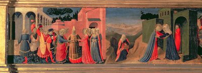 Panel Predella ke Zvěstování zobrazující Sňatek Panny Marie a Navštívení od Fra Angelico