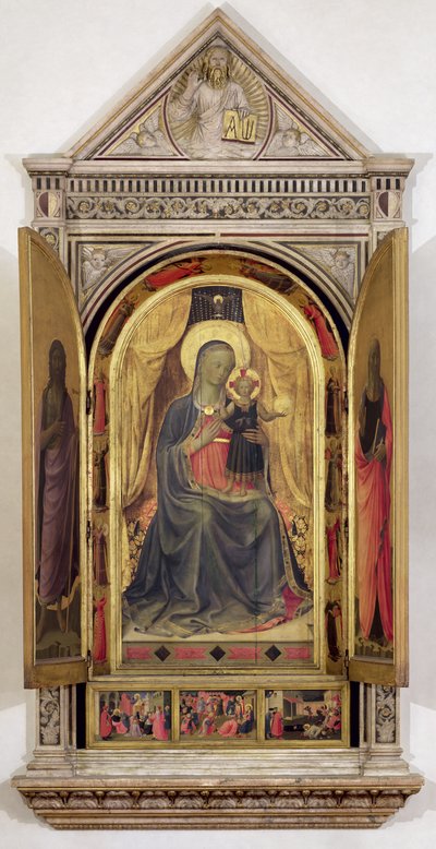 Triptych Linaiuoli (s otevřenými okenicemi): Panna a dítě trůnící se sv. Janem Křtitelem a sv. Markem, 1433 (tempera na panelu) (podrobnosti viz 119416) od Fra Angelico
