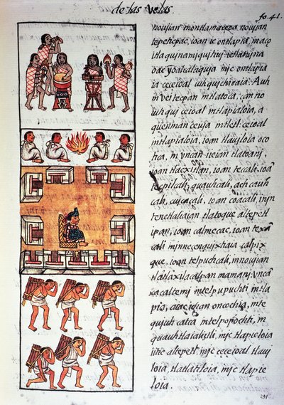 Aztécká společnost, hudebníci, král a obchodníci, text v nahuati, z faksimile rukopisu Obecná historie věcí Nového Španělska, také známý jako Florentský kodex, od Bernardina de Sahagun od Fra Bernadino da Sahagun