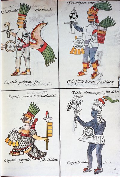 Bohové starých Mexičanů, Huitzilopochtli, Tezcatlipoca, Tlaloc a Paynal, text ve španělštině, z faksimile rukopisu Obecná historie věcí Nového Španělska, také známý jako Florentský kodex, od Bernardina de Sahagun od Fra Bernadino da Sahagun