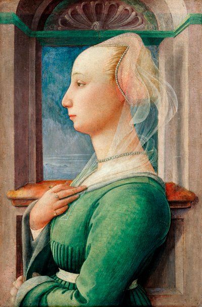 "Profilový portrét mladé ženy" Malba na dřevě od Filippa Lippiho (1406-1469), cca 1445 - Olej na dřevě, 49,5x32,7 - Staatliche Museen, Berlín od Fra Filippo Lippi