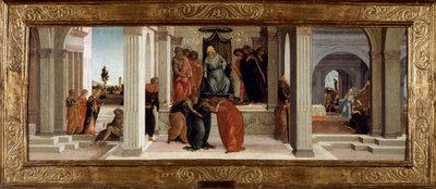 Tři scény z Esterina příběhu: Mardochee (nebo Mordekhai nebo Mordechaj) naříká, Ester omdlévá, Aman (Haman) prosí o jeho milost. Malba na dřevě od Filipínce Lippiho (1457-1504) Sun. 0,48x1,32 m od Fra Filippo Lippi