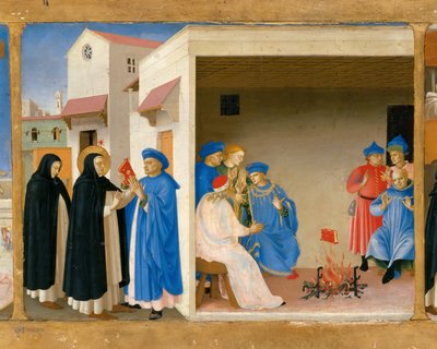 Spor svatého Dominika a zázrak knihy Predella z retable Korunovace z od Fra Giovanni Angelico da Fiesole