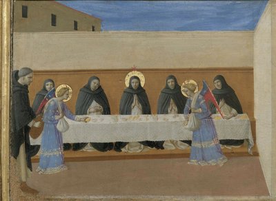 Andělé podávají bratřím večeři. Cortona Polyptych detail predely, cca 1437. od Fra Giovanni Angelico da Fiesole