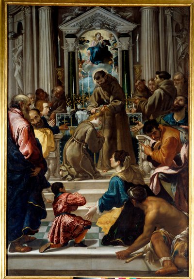 Svatý František z Assisi (1181-1223) stříhá vlasy svaté Claire (1193-1253). Obraz Semplice De Verona (1589-1654) Ec. Ital. od Fra Semplice da Verona
