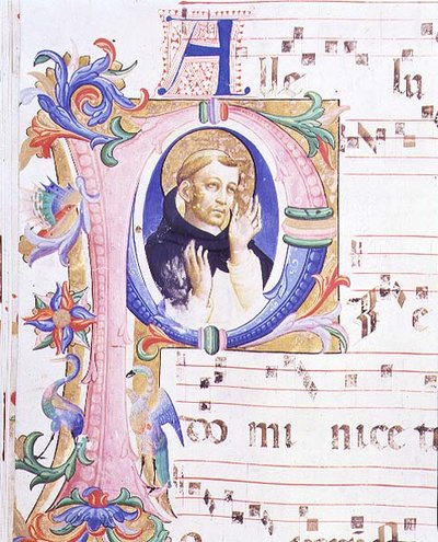 Misál 558 f.24v Historická iniciála „P“ zobrazující mužského světce od Fra and Strozzi Zanobi di Benedetto Angelico