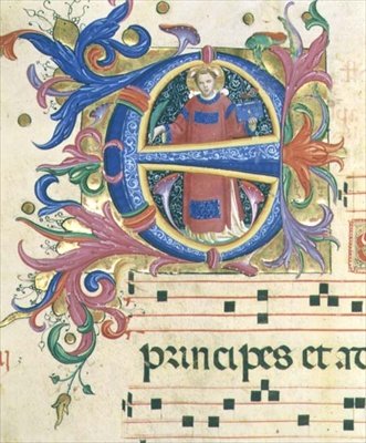 Misál 558 f.156v Historická iniciála „E“ zobrazující sv. Štěpána od Fra and Strozzi Zanobi di Benedetto Angelico