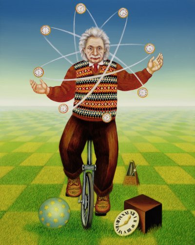 Einstein Žonglování s časem, 2000 (olej a tempera na panelu) od Frances Broomfield