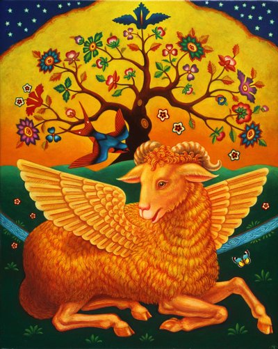Beran se zlatým rounem, 2011 (oleje a tempery na panelu) od Frances Broomfield