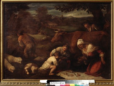 "Le soir"" (Večer) Rodina pastýřů, žen a dětí obědvajících v trávě. Obraz doprovodu Jacopa Bassana (da Ponte) (1510-1592) Ivan Kramskoy ze 16. století (nebo Kramskoi) Muzeum výtvarných umění ve Voroněži (Voronezh), Rusko. od Francesco (circle of) Bassano