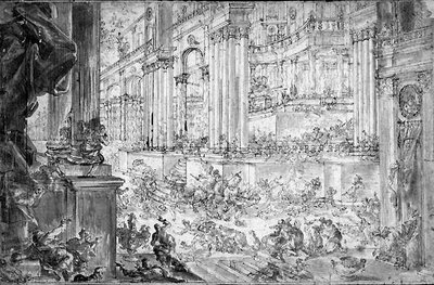 Vyhnání Heliodora z chrámu (pero a inkoust) od Francesco (fl.1709 43) Peresi