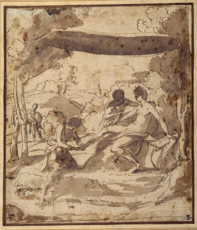 Venuše, ležící pod rustikálním baldachýnem, s Adonisem zapínaným sandálem (pero a inkoust s praním na papíře) od Francesco Albani