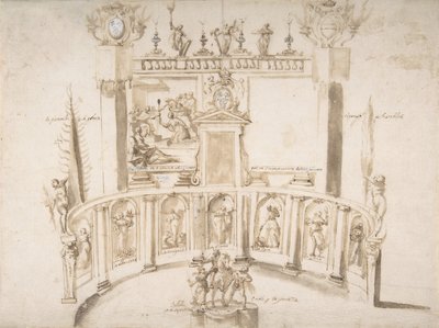 Design pro zahradní slavnost s půlkruhovou stěnou a sochami ve výklencích, ca. 1635-79. od Francesco Allegrini