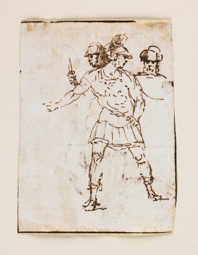 Studie dvou římských vojáků a vousaté postavy (recto); Studie vousatého muže, který chodí s holí (verso) (pero a hnědý inkoust) od Francesco Allegrini