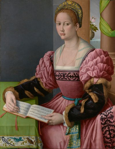 Portrét ženy s hudební knihou od Francesco Ubertini Bacchiacca