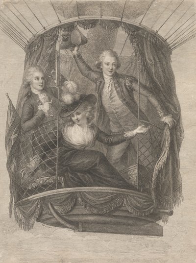 Nanebevstoupení Madame Sage, Chevalier Biggin a kapitán Vincent Lunardi v balónu, 20. června 1785 od Francesco Bartolozzi