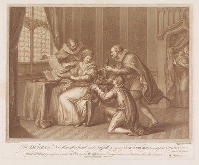 Vévodové z Northumberlandu a Suffolku žádají lady Jane Grayovou, aby přijala korunu Vévodové z Northumberlandu a Suffolku se modlí k lady Jane Grayové, aby přijala korunu (titul na předmětu) od Francesco Bartolozzi
