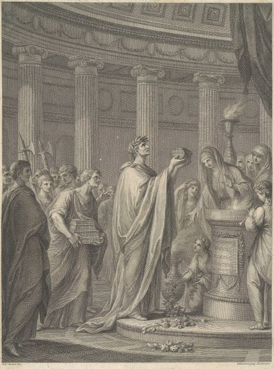 Římský vojevůdce Julius Caesar zasvěcuje chrám Venuše Genetrix na Caesarově fóru v Římě, 46 př. n. l. od Francesco Bartolozzi