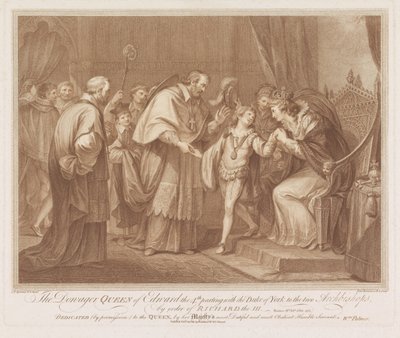 Weduwe van Edward IV. Staat haar zoon aan twee aartsbisschoppen af Vdova královna Edwarda 4. se loučí s vévodou z Yorku se dvěma arcibiskupy na příkaz Richarda III. (titul na předmětu) od Francesco Bartolozzi