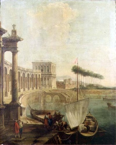 Capriccio, přístav s postavami nakládajícími trajekt od Francesco Battaglioli