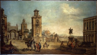 ""Pouliční scéna ve městě, velké náměstí s památkami"" (Pohled na město) Obraz Francesca Battaglioliho (ec. venit.) (1722-1790) Ermitážní muzeum 18. století, Petrohrad od Francesco Battaglioli