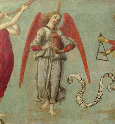 Anděl hrající na dudy, tempera c.1475-97 na detailu panelu 64871, viz také 64873 a 64874 od Francesco Botticini