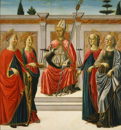 Svatý Mikuláš a svatá Kateřina, Lucie, Markéta a Apollonie od Francesco Botticini