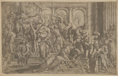 Svatý Roch vlevo rozdává almužnu skupině lidí shromážděných kolem sebe, po A..., ca. 1607. od Francesco Brizio