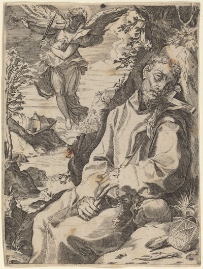 Svatý František Utěšený hudebním andělem od Francesco Carracci after Agostino Carracci