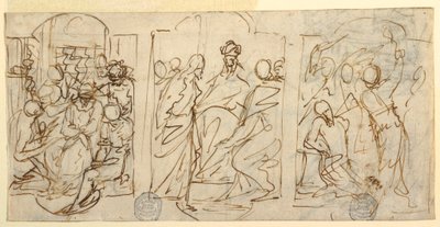 Kresba, Tři fáze umučení: Výsměch, Kristus před Pilátem, Bičování, asi 1848. od Francesco Coghetti