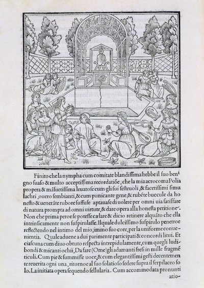 Nymfy s milencem Polia, ilustrace z kopie „Hypnerotomachia Poliphili“ od Francesca Colonny (asi 1432-1527) od Francesco Colonna