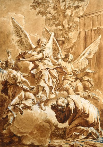 Abraham a tři andělé, kolem roku 1750 (pero a hnědý inkoust na černé křídě s červeným praním) od Francesco Fontebasso