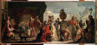 ""Antiochus a Stratonice"" (Antiochus a Stratonice). Antiochos (nebo Antiochos), syn krále Seleuka (nebo Seleuka) I. Nicator léčí lékař Erasistratus z Ceosu z nemoci způsobené jeho láskou ke Stratonicím (nebo Stratonike), manželce svého otce, r. od Francesco Fontebasso