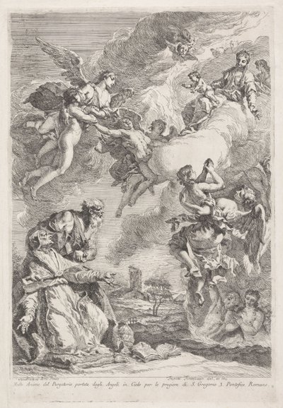 Svatý Řehoř Veliký a svatý Jeroným se modlí za duše v očistci Molte Anime del Purgatorio portate dagli Angeli in Cielo per le pregiere di S. Gregorio I. Pontefice Romano (název na objektu) od Francesco Fontebasso