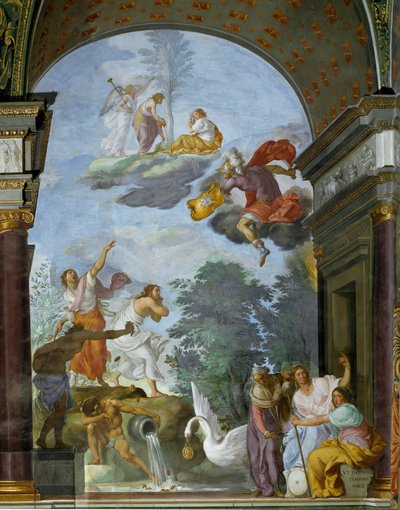 Alegorie smrti Lorenza de Medici il Magnifico (Laurent de Medicis) známého jako The Magnificent (1449-1492). Vpravo vyobrazení božstev osudu, Kabinetů (nebo Parques): Clotho, Lachesis a Atropos. Freska od Francesca Furiniho (160 od Francesco Furini