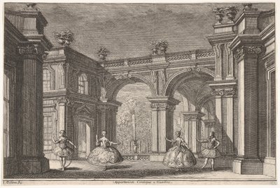 Dvě dámy a dva pánové tančí v zdobném architektonickém prostředí, kašna v..., 1765. od Francesco Galli Bibiena