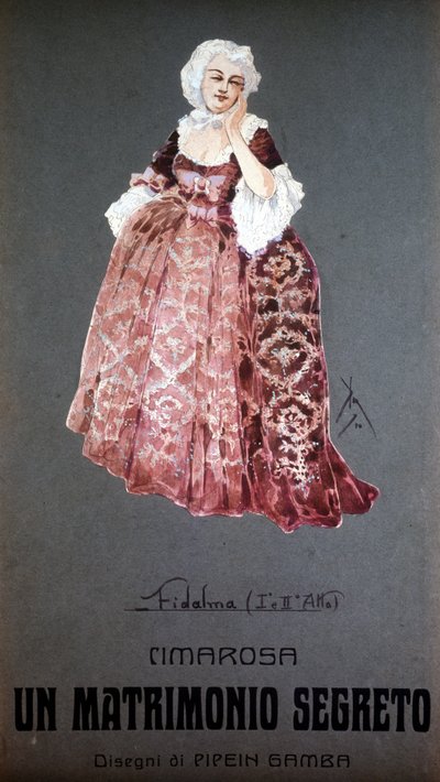 Postava "" Fidalma "" v "" Tajné manželství "" od Domenica Cimarosa (1749 - 1801). Kostým F. Gamba - Scala z Milána od Francesco Gamba