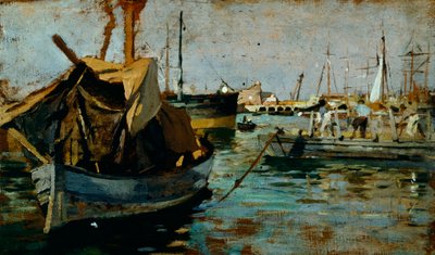 Při práci v přístavu Livorno (Leghorn) od Francesca Gioliho (1846-1922), olej na panelu, 22x38 cm od Francesco Gioli
