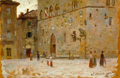 Na náměstí ve Volterře od Francesca Gioliho (1846-1922), olej na panelu od Francesco Gioli
